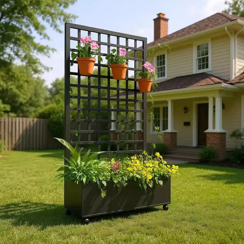 Acekool Black Mobile Galvanized Planter Box with Square Trellis, Wheels and Drainage for Patio Balcony Yard