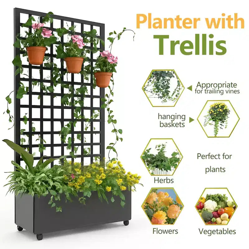 Acekool Black Mobile Galvanized Planter Box with Square Trellis, Wheels and Drainage for Patio Balcony Yard
