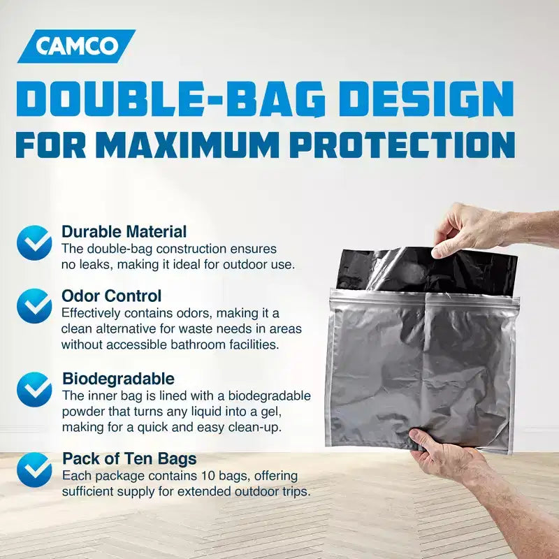 Camco Leak Proof Double Lined Camping Toilet Waste Bags, Travel Bucket Potty Bags for Camping, Hunting, & Outdoor Activities 10 Pack