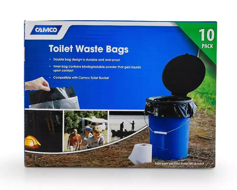 Camco Leak Proof Double Lined Camping Toilet Waste Bags, Travel Bucket Potty Bags for Camping, Hunting, & Outdoor Activities 10 Pack