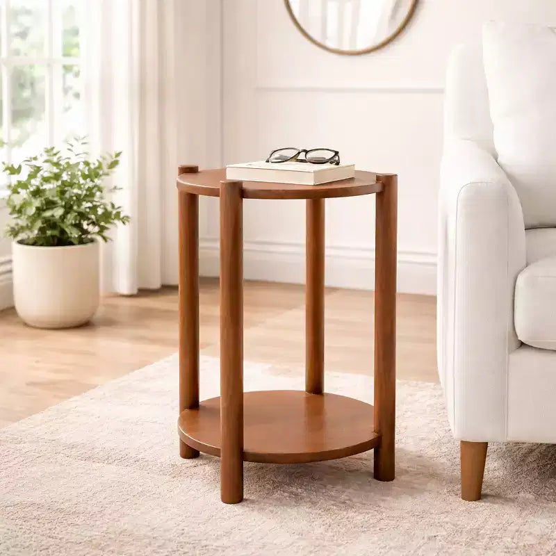 Elegant Round End and Side Table for Small Spaces - Mango Wood Base with Lower Shelf for Bedroom and Living Room Decor - 22, Tan & Brown