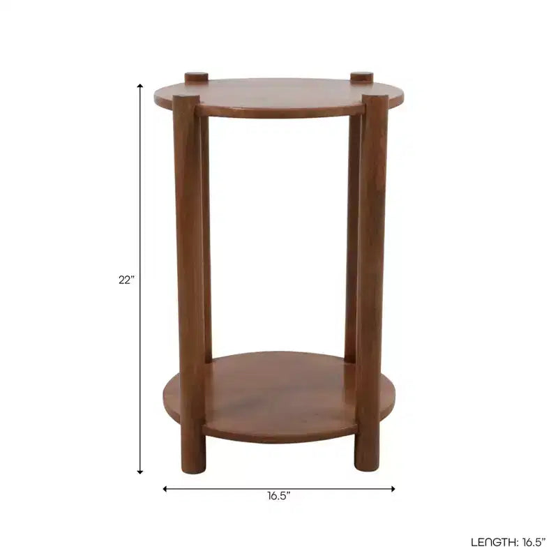 Elegant Round End and Side Table for Small Spaces - Mango Wood Base with Lower Shelf for Bedroom and Living Room Decor - 22, Tan & Brown