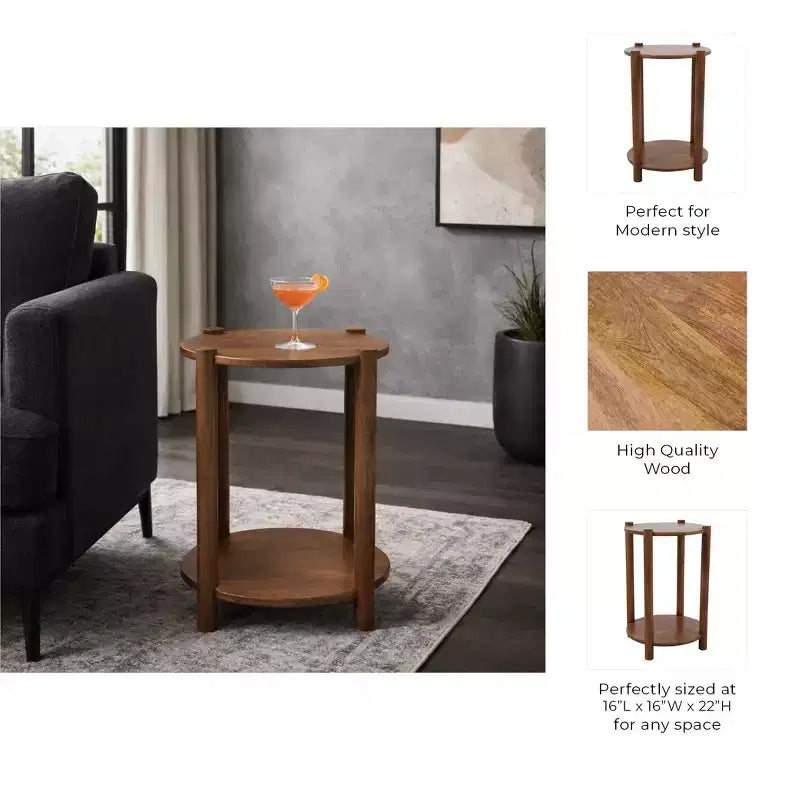 Elegant Round End and Side Table for Small Spaces - Mango Wood Base with Lower Shelf for Bedroom and Living Room Decor - 22, Tan & Brown