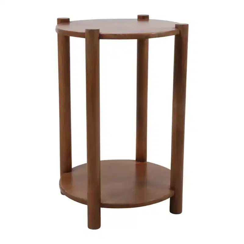 Elegant Round End and Side Table for Small Spaces - Mango Wood Base with Lower Shelf for Bedroom and Living Room Decor - 22, Tan & Brown