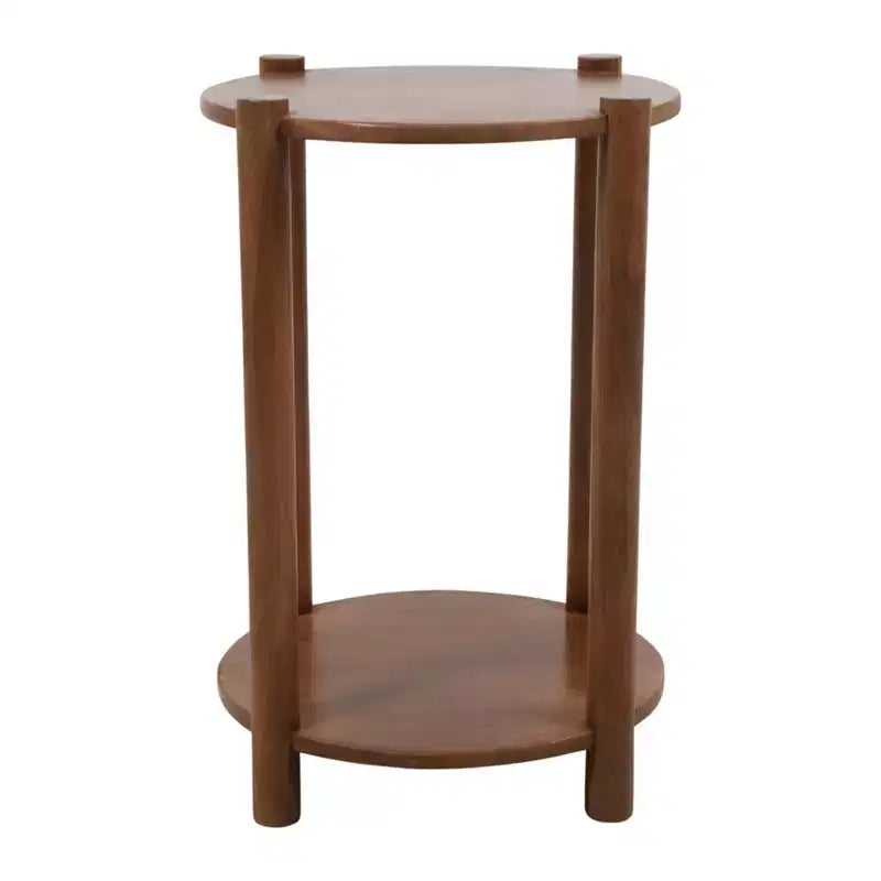 Elegant Round End and Side Table for Small Spaces - Mango Wood Base with Lower Shelf for Bedroom and Living Room Decor - 22, Tan & Brown
