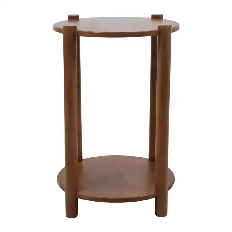 Elegant Round End and Side Table for Small Spaces - Mango Wood Base with Lower Shelf for Bedroom and Living Room Decor - 22, Tan & Brown