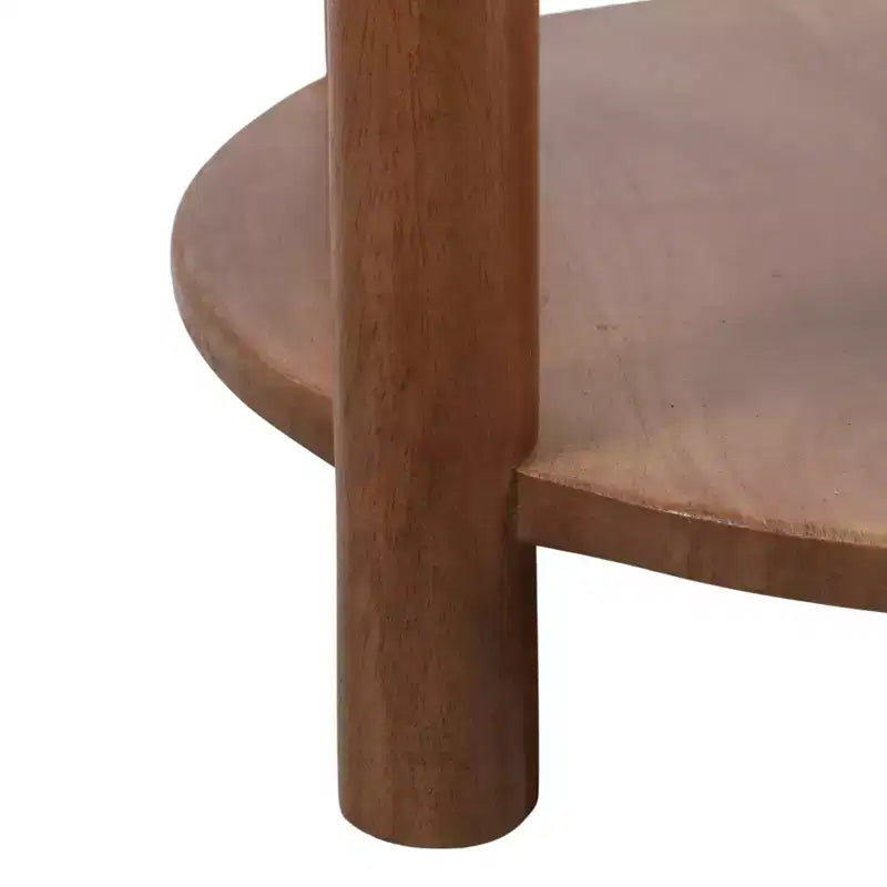 Elegant Round End and Side Table for Small Spaces - Mango Wood Base with Lower Shelf for Bedroom and Living Room Decor - 22, Tan & Brown