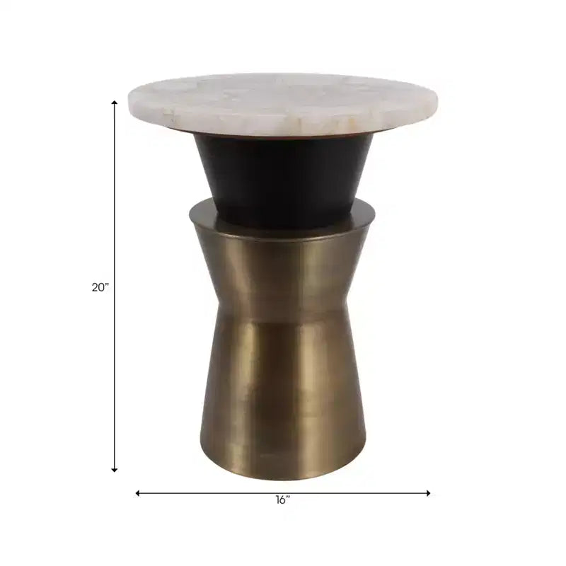 Decorative Round End and Side Table for Small Spaces - Agate Top with Metal Base for Living Room and Bedroom Decor - 20, Gold & White