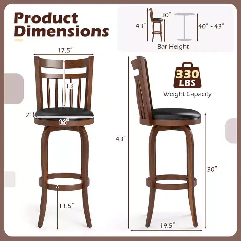 Costway 24/30 Swivel Bar Stools Set of 2/4 with Backs, Solid Wood Legs & Footrest for Home Bar Expresso and Black