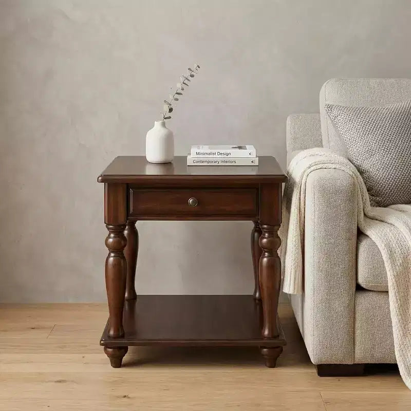 HomeRoots 24 Walnut Manufactured Wood Rectangular End Table With Drawer And Shelf