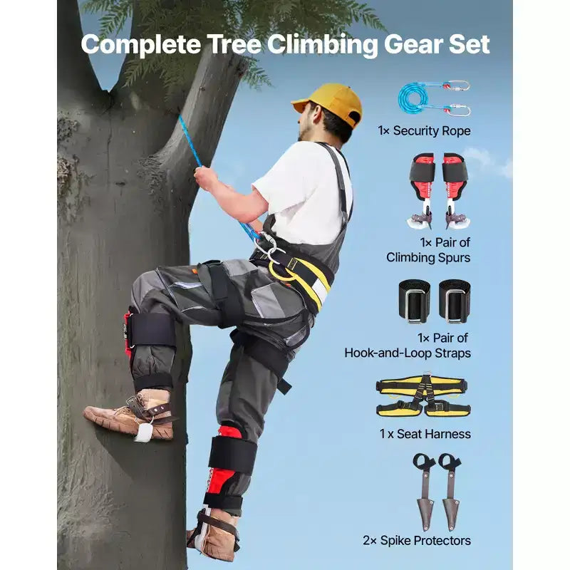 VEVOR Tree Climbing Spikes Set, Height-Adjustable Tree Climbing Gear with Straps & Spike Protectors, 350 lbs Load Capacity, Black & Red