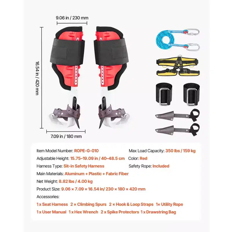 VEVOR Tree Climbing Spikes Set, Height-Adjustable Tree Climbing Gear with Straps & Spike Protectors, 350 lbs Load Capacity, Black & Red