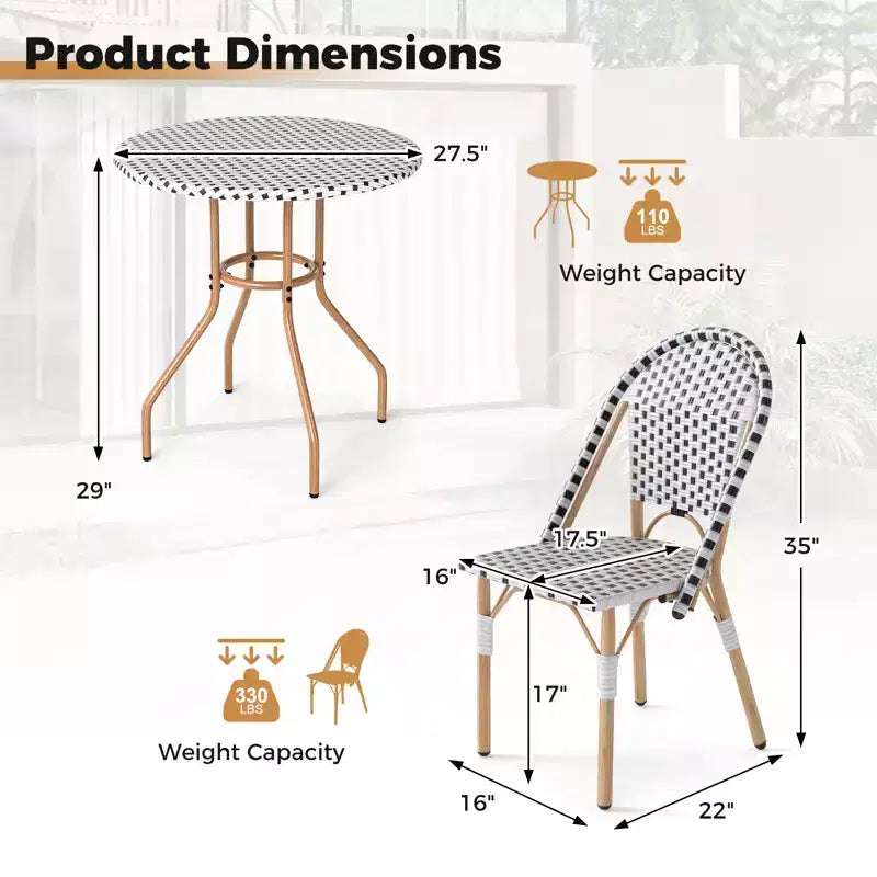 Costway 3 Piece French Bistro Table Chair Set Outdoor Wicker Round Table & 2 Dining Chairs