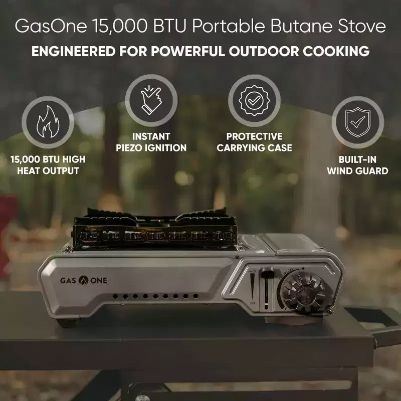 GasOne 15,000 BTU Portable Butane Camping Stove with Heavy Duty Case: Automatic Ignition, Precise Heat Control - Camping, Tailgating, Outdoor Cooking