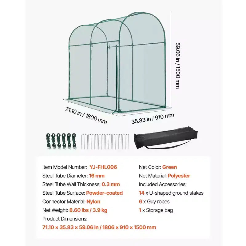 VEVOR Crop Cage, 5.9 x 2.98 x 4.9 ft Plant Protection Tent with Zippered Door, Wind-Resistant Tall Crop Cage, with Frame, Plant Netting,Green