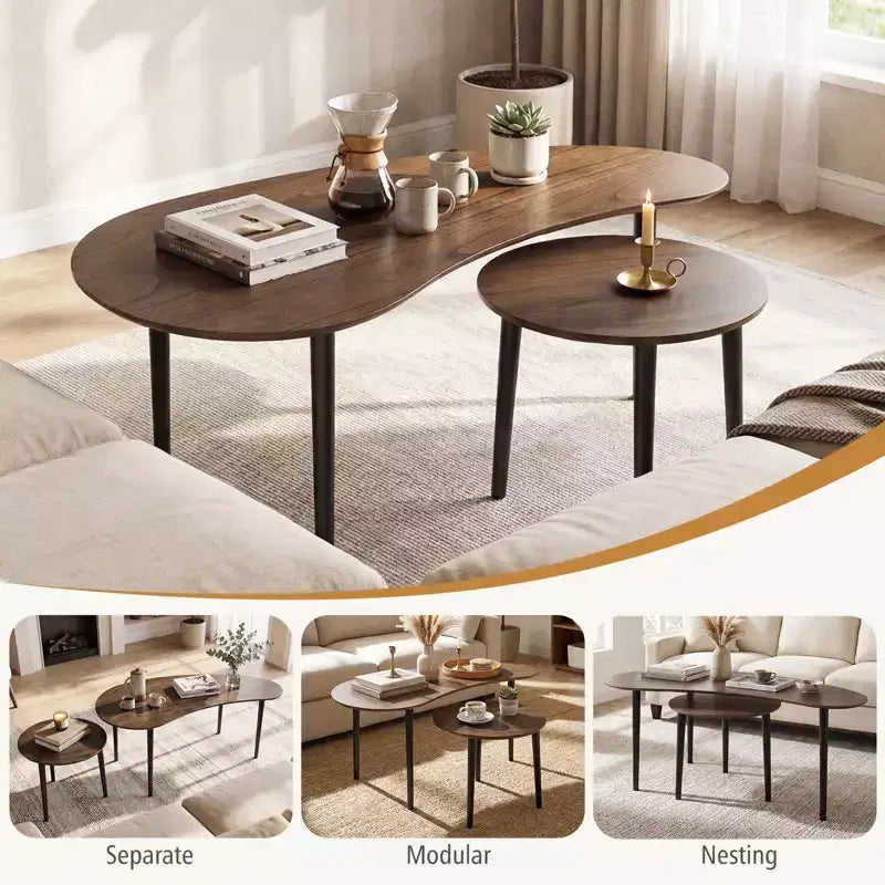 Costway Nest Coffee Tables Set of 2 Modern Accent Tables w/ Solid Wood Support Legs