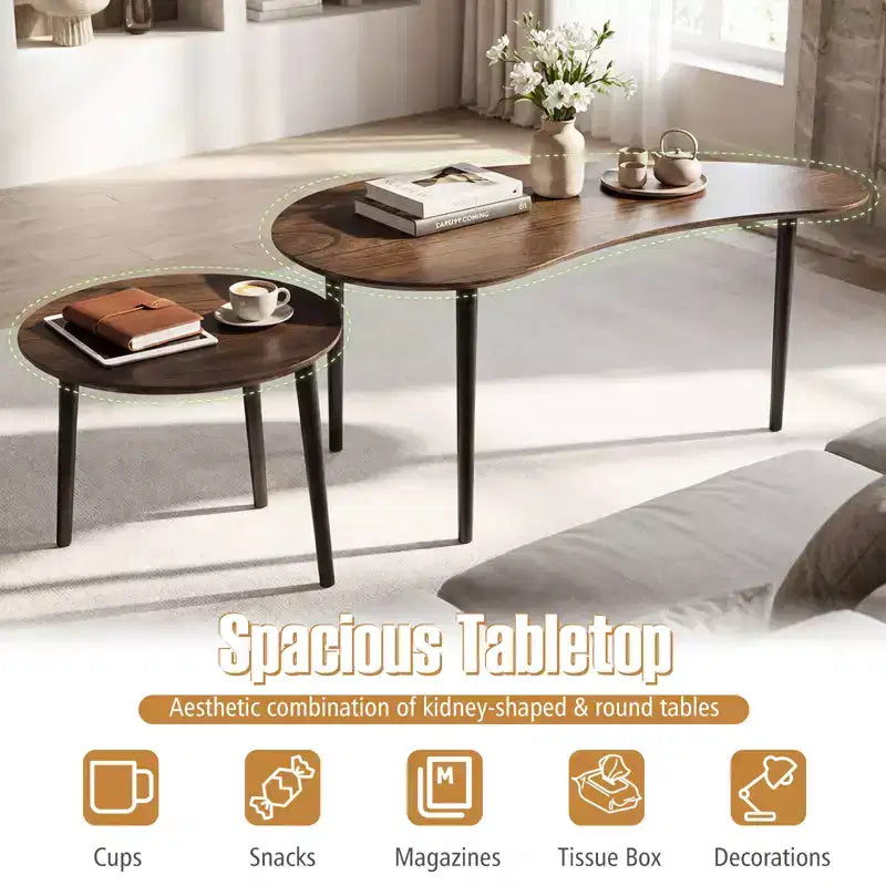 Costway Nest Coffee Tables Set of 2 Modern Accent Tables w/ Solid Wood Support Legs