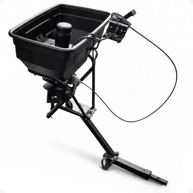 Field Tuff 12V 125 Pound Capacity Grass Seed Fertilizer Spreader with Hitch Mount Receiver and Rain Protector for ATV, UTV, or Utility Tractor