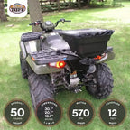 Field Tuff 12V 125 Pound Capacity Grass Seed Fertilizer Spreader with Hitch Mount Receiver and Rain Protector for ATV, UTV, or Utility Tractor