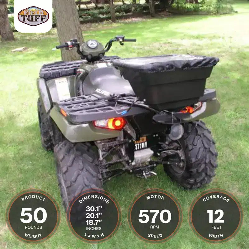 Field Tuff 12V 125 Pound Capacity Grass Seed Fertilizer Spreader with Hitch Mount Receiver and Rain Protector for ATV, UTV, or Utility Tractor