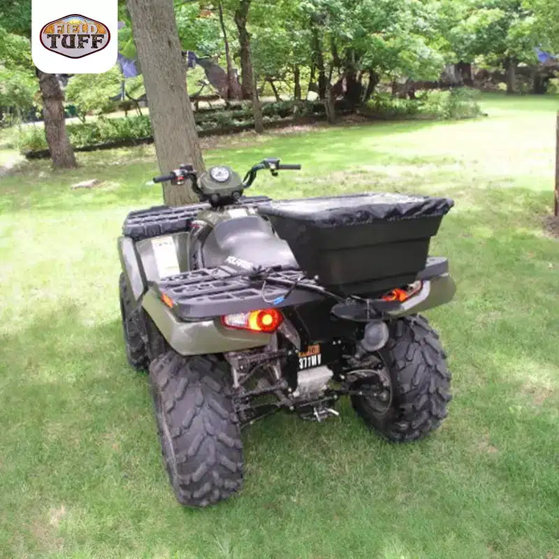 Field Tuff 12V 125 Pound Capacity Grass Seed Fertilizer Spreader with Hitch Mount Receiver and Rain Protector for ATV, UTV, or Utility Tractor