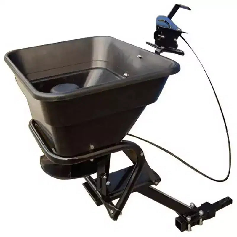Field Tuff 12V 125 Pound Capacity Grass Seed Fertilizer Spreader with Hitch Mount Receiver and Rain Protector for ATV, UTV, or Utility Tractor