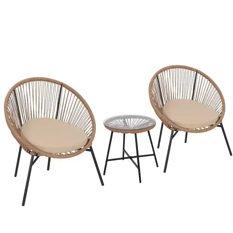 3 Piece Rattan Bistro Set, Outdoor PE Wicker Conversation Furniture with 2 Chairs & Cushions, Tempered Glass Top, for Patio/Porch/Garden/Yard