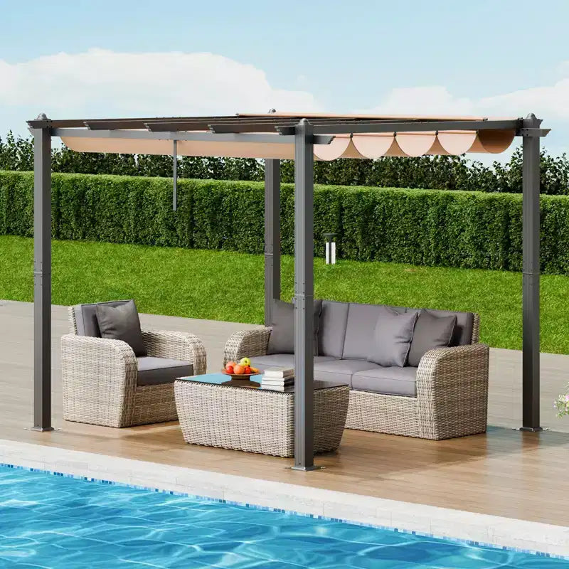 10 X10 Outdoor Retractable Pergola with Sun Shade Canopy Aluminum Beige Heavy Duty