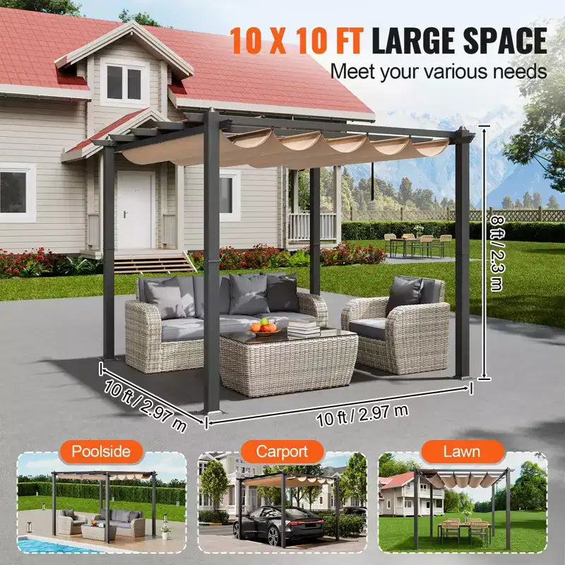 10 X10 Outdoor Retractable Pergola with Sun Shade Canopy Aluminum Beige Heavy Duty