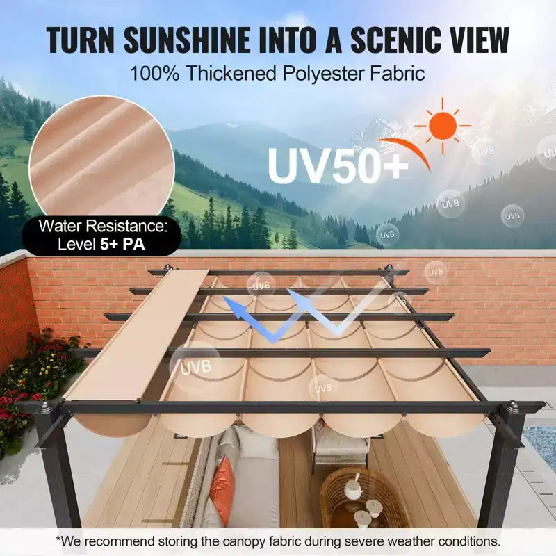 10 X10 Outdoor Retractable Pergola with Sun Shade Canopy Aluminum Beige Heavy Duty