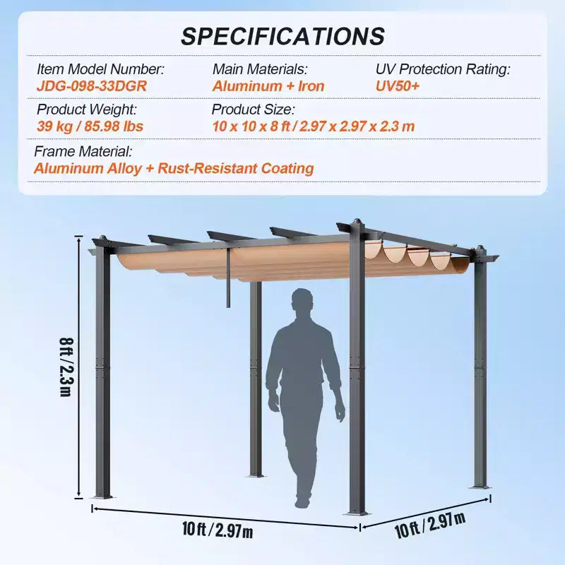 10 X10 Outdoor Retractable Pergola with Sun Shade Canopy Aluminum Beige Heavy Duty
