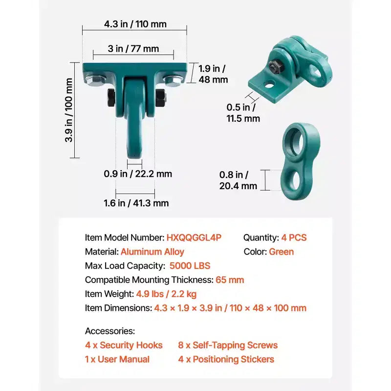 VEVOR Swing Hangers, 4 Pack Heavy Duty Swing Brackets, 5000 lbs Capacity, Screws Bolts Included, Smooth Dual Bearing, Aluminum Alloy Hangers, Green