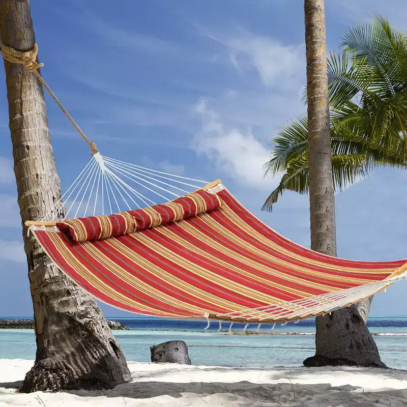 Costway Hammock w/ Pillow Curved Bamboo Spreader Bar Chain Portable Indoor Outdoor Red\Blue