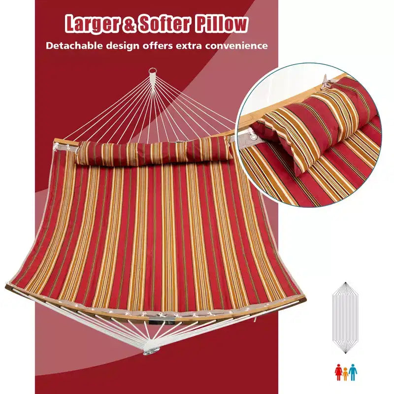 Costway Hammock w/ Pillow Curved Bamboo Spreader Bar Chain Portable Indoor Outdoor Red\Blue