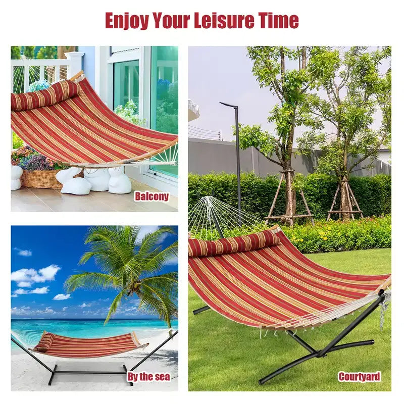 Costway Hammock w/ Pillow Curved Bamboo Spreader Bar Chain Portable Indoor Outdoor Red\Blue