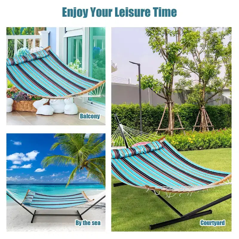 Costway Hammock w/ Pillow Curved Bamboo Spreader Bar Chain Portable Indoor Outdoor Red\Blue