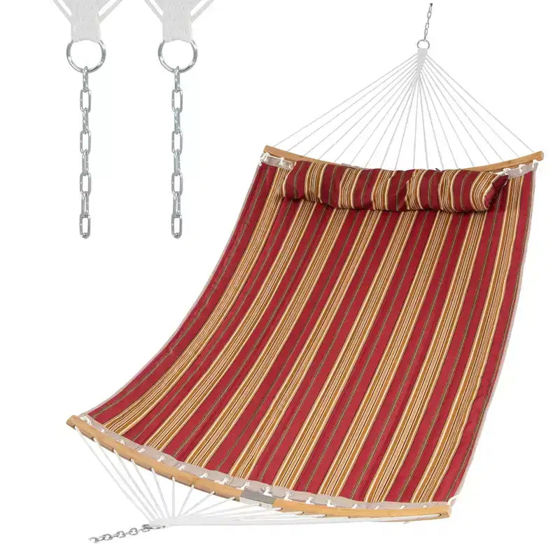 Costway Hammock w/ Pillow Curved Bamboo Spreader Bar Chain Portable Indoor Outdoor Red\Blue