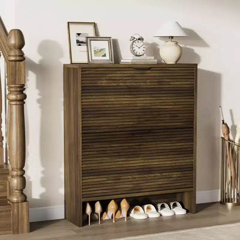 Fluted Shoe Storage Cabinet for Entryway with 2 Flip Drawers, 32 Wide Hidden Freestanding Shoe Rack Organizer for Hallway, Apartment