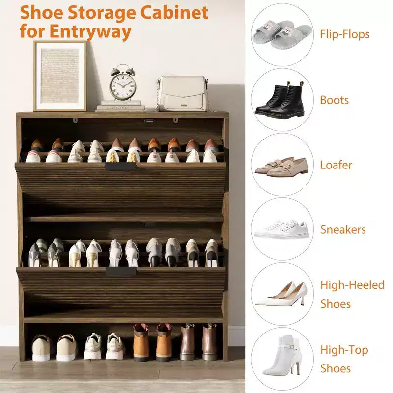 Fluted Shoe Storage Cabinet for Entryway with 2 Flip Drawers, 32 Wide Hidden Freestanding Shoe Rack Organizer for Hallway, Apartment