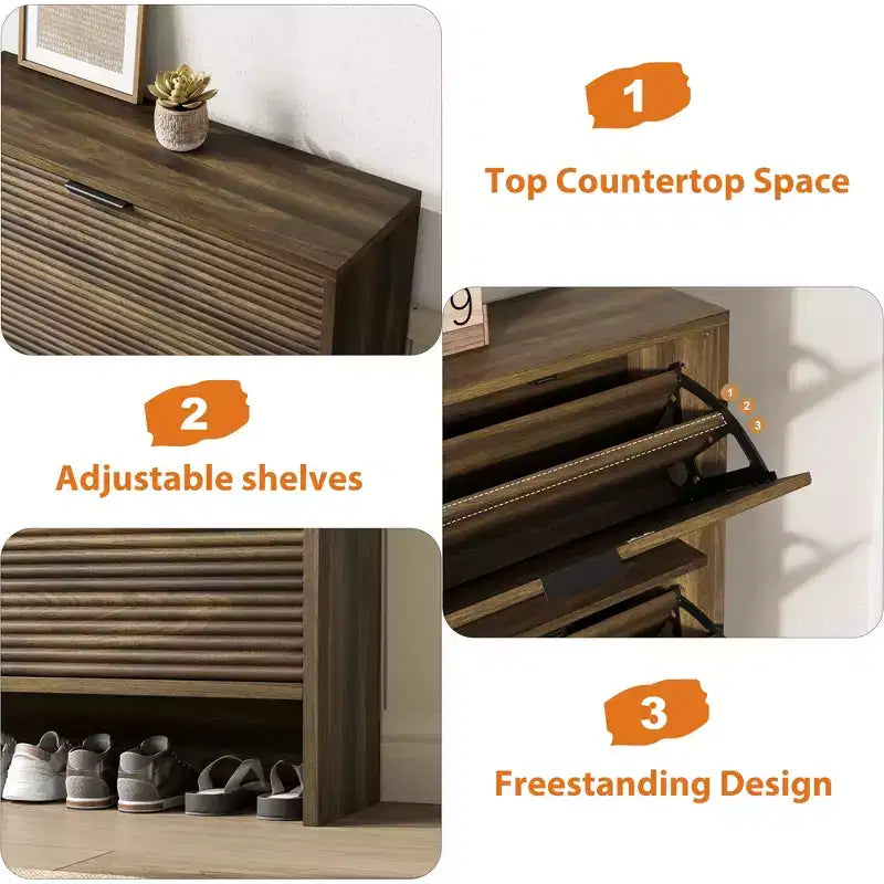 Fluted Shoe Storage Cabinet for Entryway with 2 Flip Drawers, 32 Wide Hidden Freestanding Shoe Rack Organizer for Hallway, Apartment