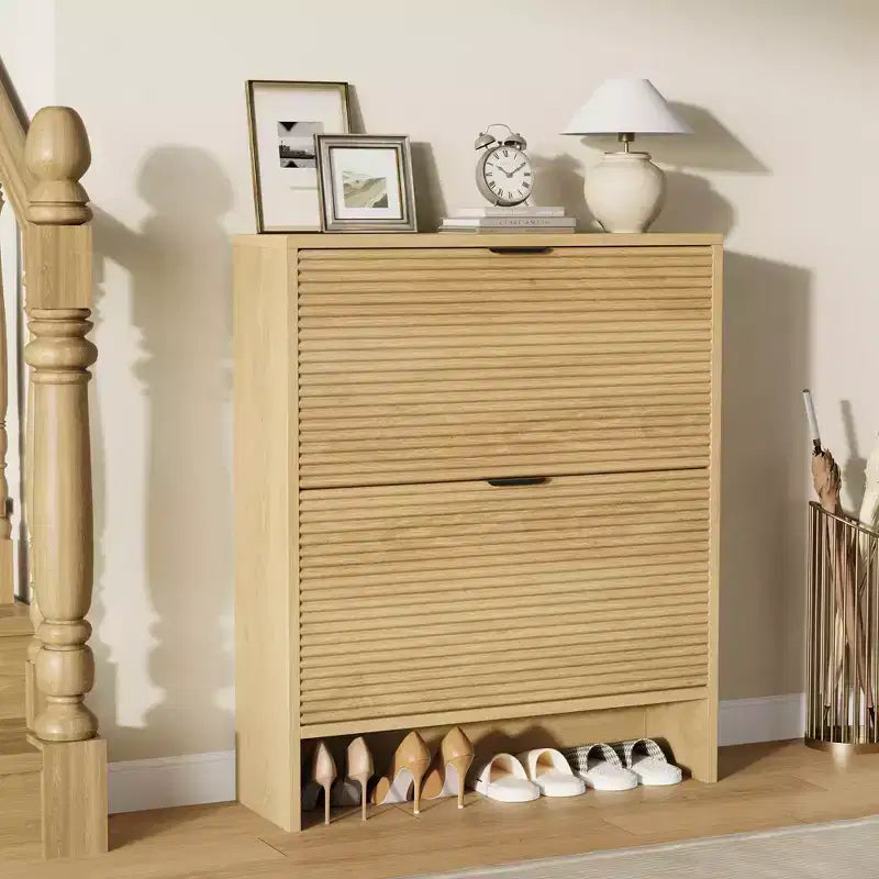 Fluted Shoe Storage Cabinet for Entryway with 2 Flip Drawers, 32 Wide Hidden Freestanding Shoe Rack Organizer for Hallway, Apartment