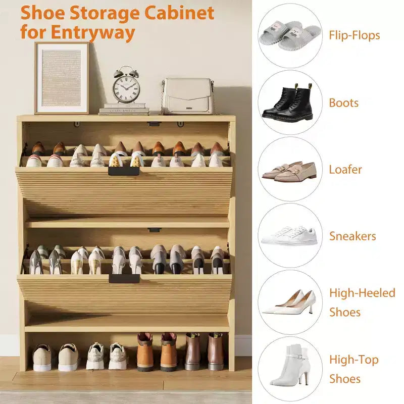 Fluted Shoe Storage Cabinet for Entryway with 2 Flip Drawers, 32 Wide Hidden Freestanding Shoe Rack Organizer for Hallway, Apartment