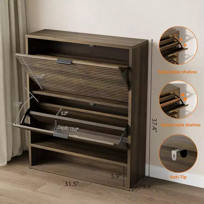 Fluted Shoe Storage Cabinet for Entryway with 2 Flip Drawers, 32 Wide Hidden Freestanding Shoe Rack Organizer for Hallway, Apartment