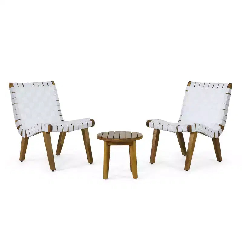 ModernLuxe 3pcs Patio Seating Sets, Outdoor Chat Set with 2 Sunken Rope Chairs, Acacia Wood End Table