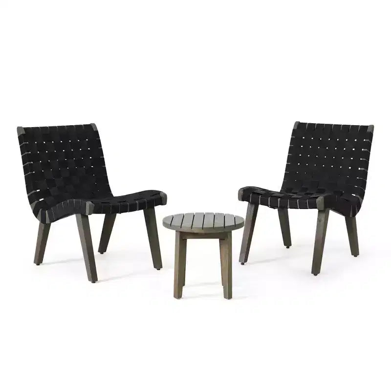 ModernLuxe 3pcs Patio Seating Sets, Outdoor Chat Set with 2 Sunken Rope Chairs, Acacia Wood End Table