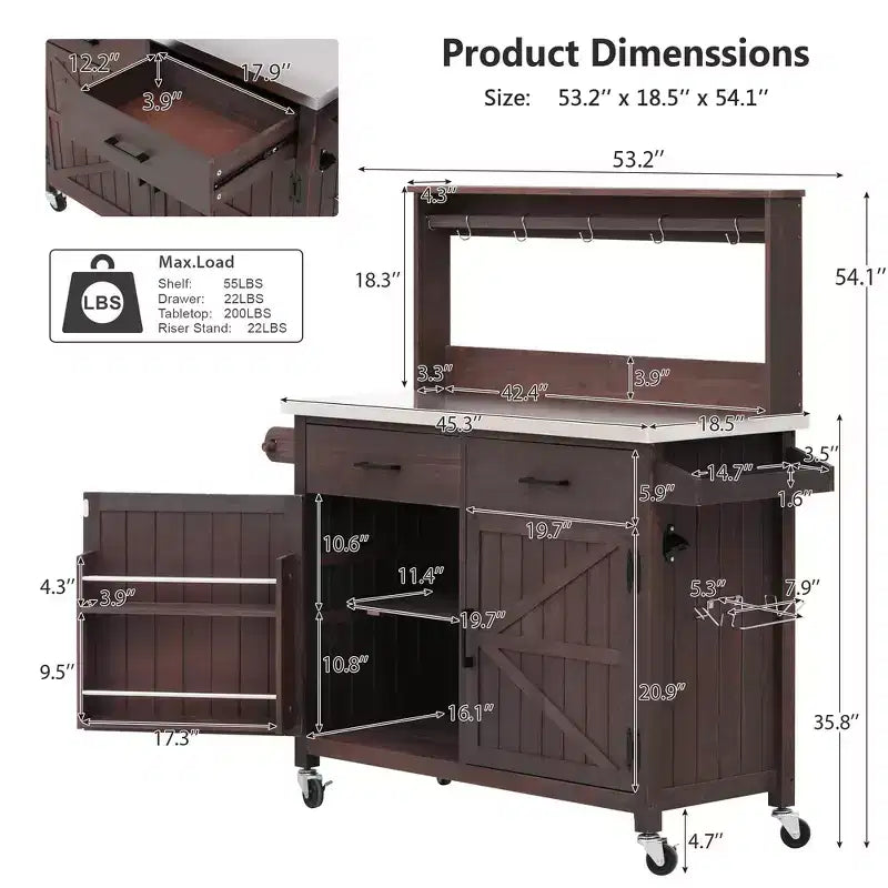 Whisen 54.1 Outdoor Kitchen Island Carts, Patio Garden Potting Bench, Outdoor Grill BBQ Cart with Stainless Top, Storage Cabinet Drawers