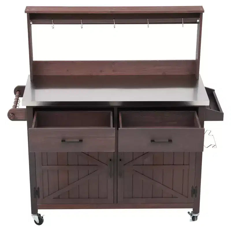 Whisen 54.1 Outdoor Kitchen Island Carts, Patio Garden Potting Bench, Outdoor Grill BBQ Cart with Stainless Top, Storage Cabinet Drawers