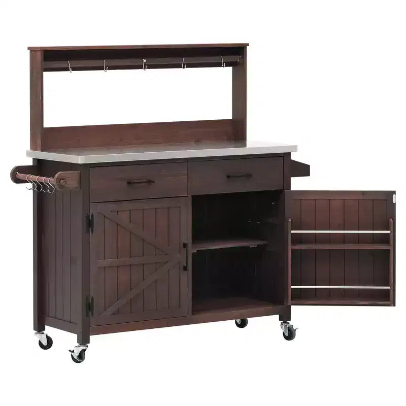 Whisen 54.1 Outdoor Kitchen Island Carts, Patio Garden Potting Bench, Outdoor Grill BBQ Cart with Stainless Top, Storage Cabinet Drawers