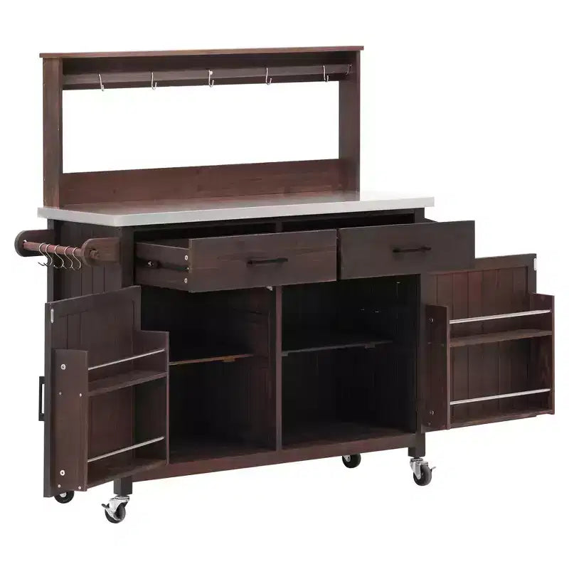 Whisen 54.1 Outdoor Kitchen Island Carts, Patio Garden Potting Bench, Outdoor Grill BBQ Cart with Stainless Top, Storage Cabinet Drawers