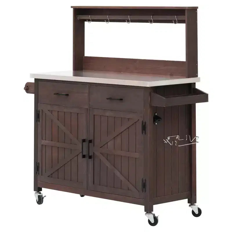 Whisen 54.1 Outdoor Kitchen Island Carts, Patio Garden Potting Bench, Outdoor Grill BBQ Cart with Stainless Top, Storage Cabinet Drawers
